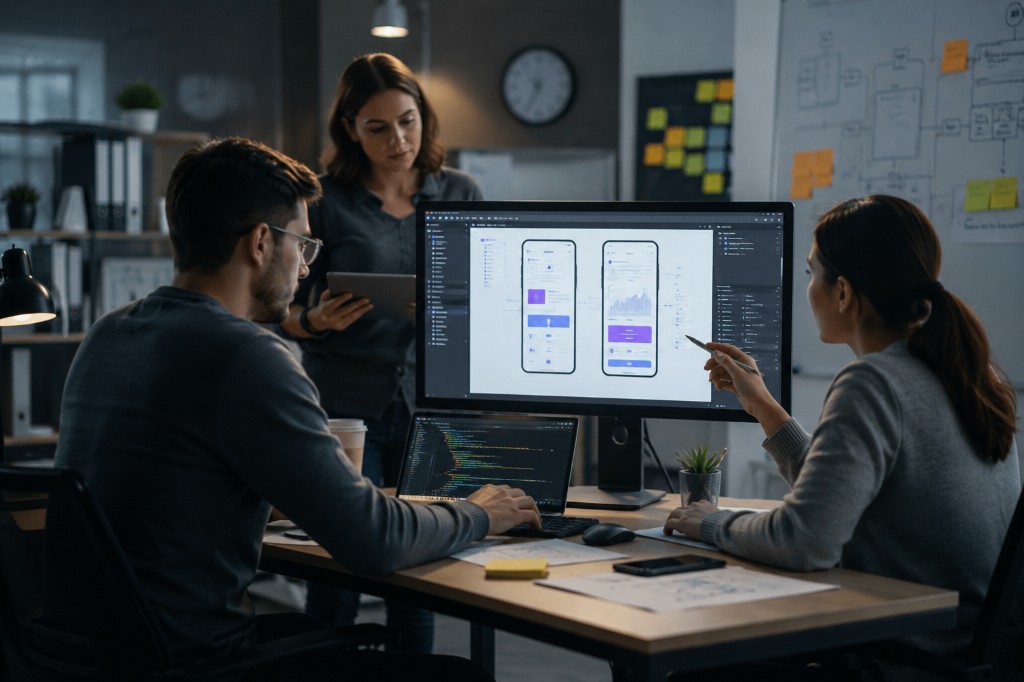 Design team collaborating on smartphone UI mockups and mobile UX flows
