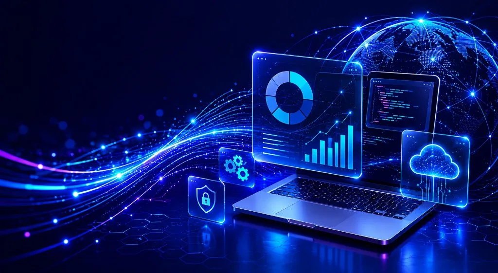 Laptop with data dashboards, cloud security icons, and global network visualization